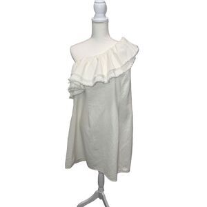 NWT‎ Future Collective | Cream Women's Asymmetrical Ruffle Denim Mini Dress Size